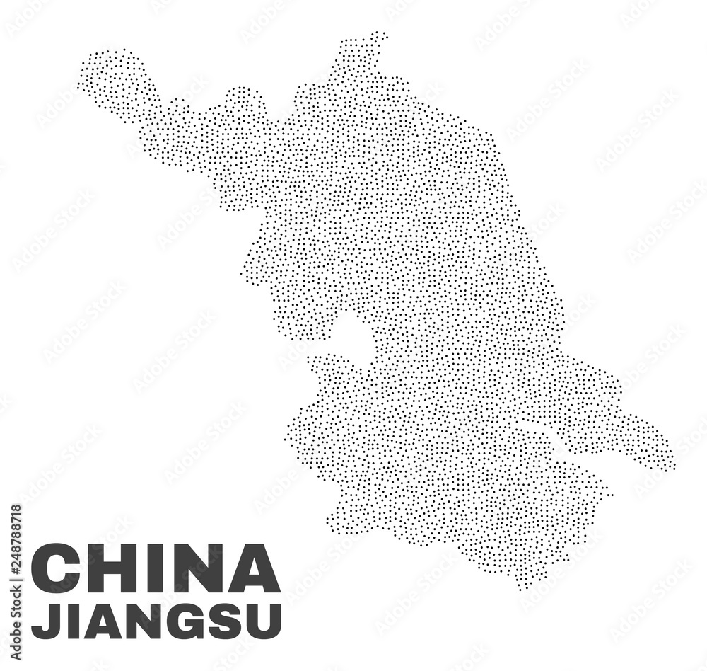 Jiangsu Province map designed with small dots. Vector abstraction in black color is isolated on a white background. Scattered small dots are organized into Jiangsu Province map.