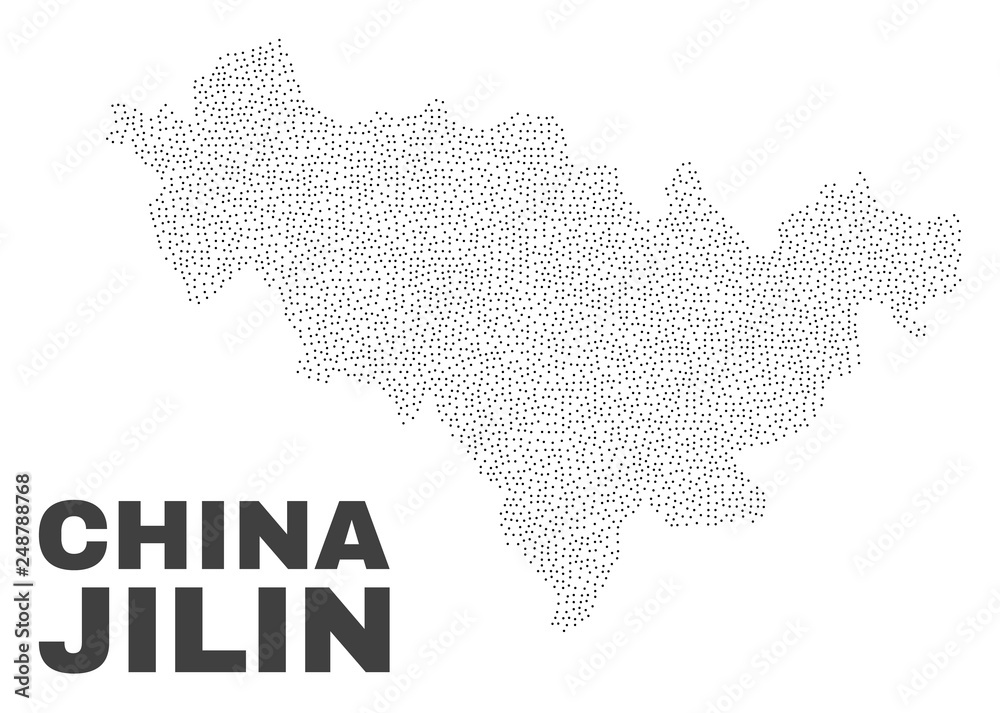Jilin Province map designed with tiny points. Vector abstraction in black color is isolated on a white background. Scattered tiny points are organized into Jilin Province map.