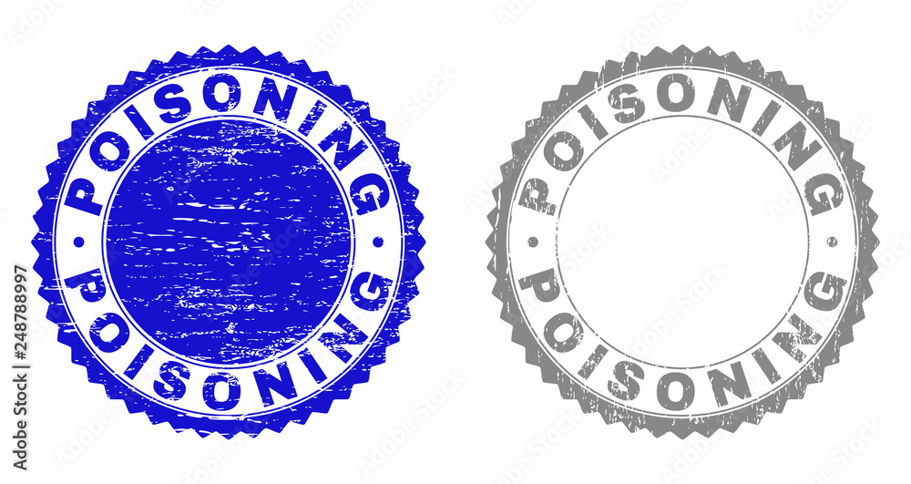 Obraz premium Grunge POISONING stamp seals isolated on a white background. Rosette seals with grunge texture in blue and grey colors. Vector rubber watermark of POISONING caption inside round rosette.