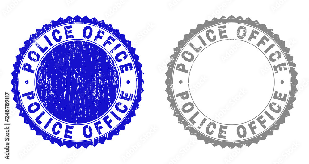 Grunge POLICE OFFICE stamp seals isolated on a white background. Rosette seals with grunge texture in blue and grey colors. Vector rubber stamp imitation of POLICE OFFICE label inside round rosette. Grunge POLICE OFFICE stamp seals isolated on a white background. Rosette seals with grunge texture in blue and grey colors. Vector rubber stamp imitation of POLICE OFFICE label inside round rosette.