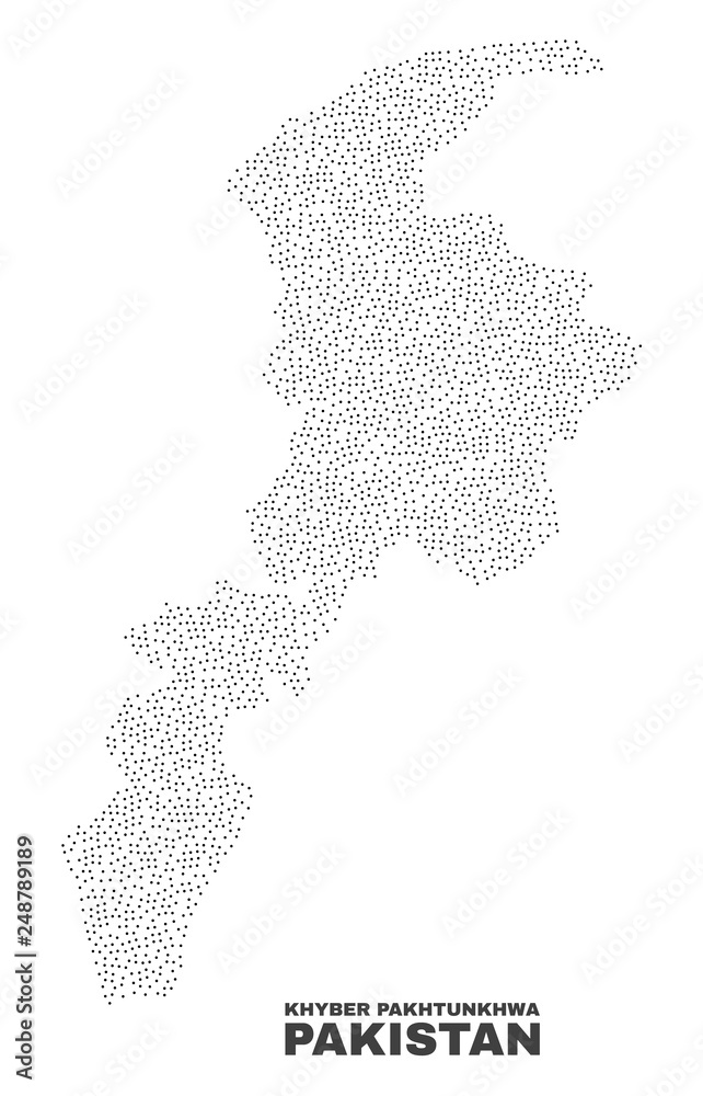 Khyber Pakhtunkhwa Province map designed with small dots. Vector abstraction in black color is isolated on a white background. Scattered small dots are organized into Khyber Pakhtunkhwa Province map.
