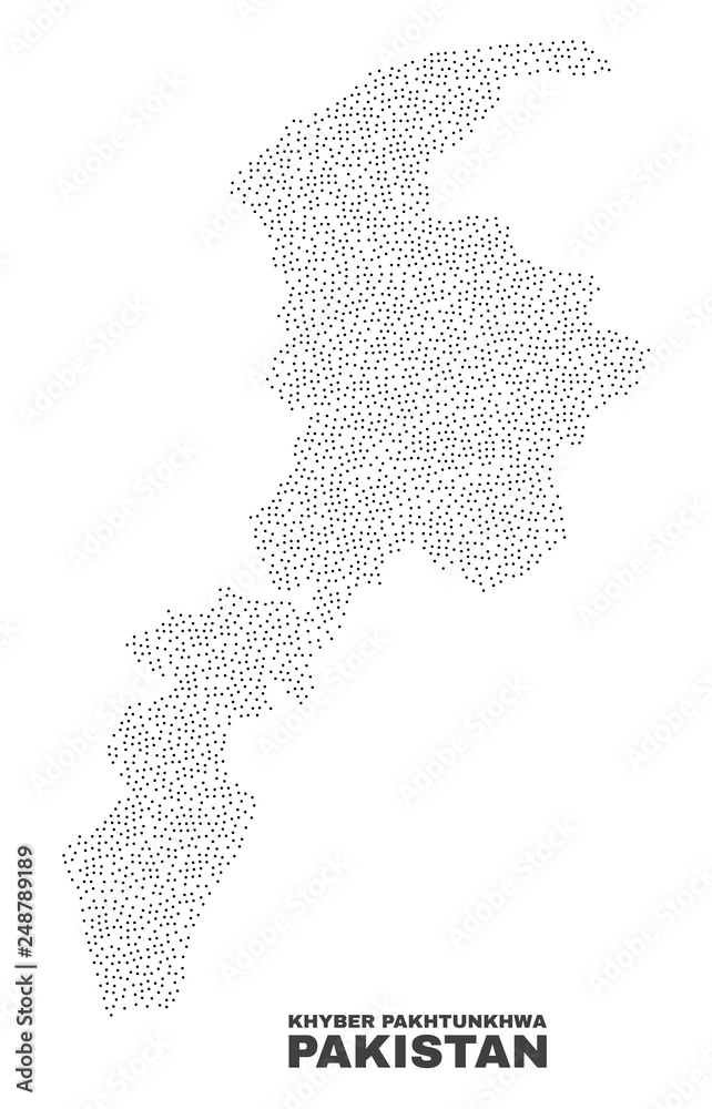 Obraz premium Khyber Pakhtunkhwa Province map designed with small dots. Vector abstraction in black color is isolated on a white background. Scattered small dots are organized into Khyber Pakhtunkhwa Province map.