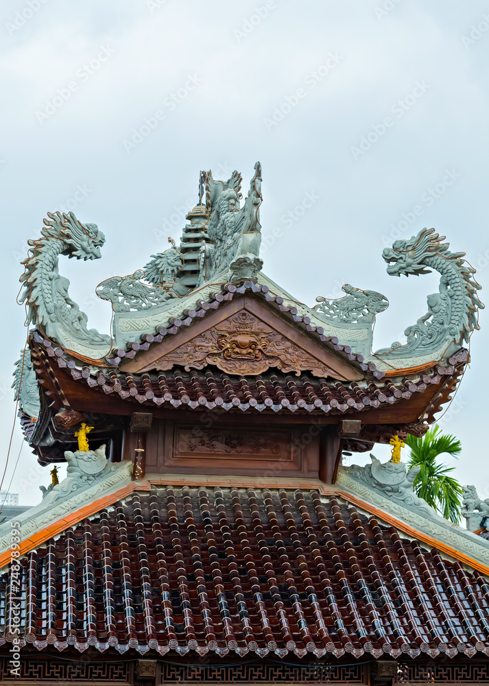 Chinese temples. Colorful roof detail shape dragons.