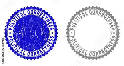 Grunge POLITICAL CORRECTNESS stamp seals isolated on a white background. Rosette seals with grunge texture in blue and grey colors.