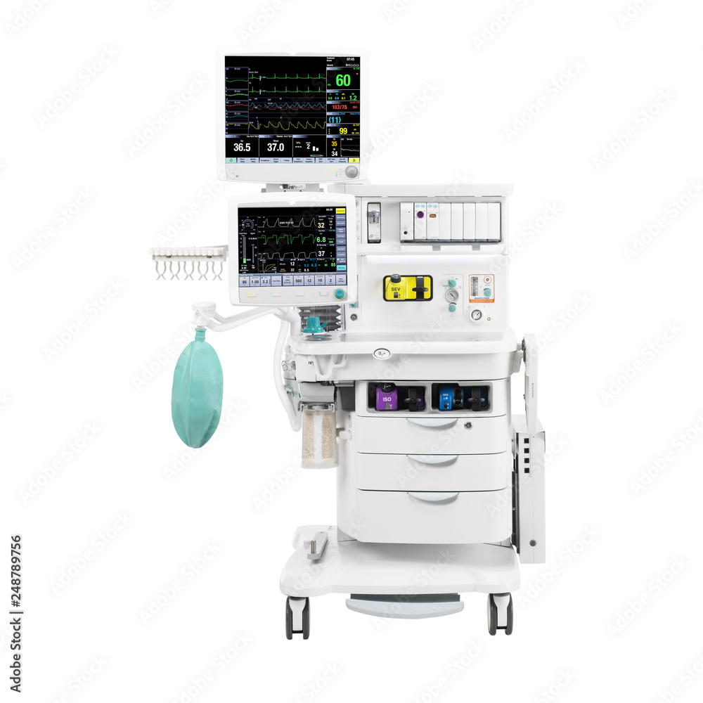 Anaesthesia Machine and Patient Monitoring System Isolated on White. Anaesthesia Workstation