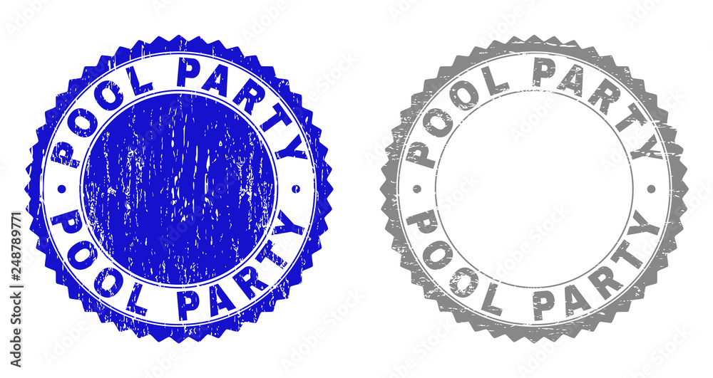 Grunge POOL PARTY watermarks isolated on a white background. Rosette seals with grunge texture in blue and gray colors. Vector rubber stamp imprint of POOL PARTY text inside round rosette. Grunge POOL PARTY watermarks isolated on a white background. Rosette seals with grunge texture in blue and gray colors. Vector rubber stamp imprint of POOL PARTY text inside round rosette.
