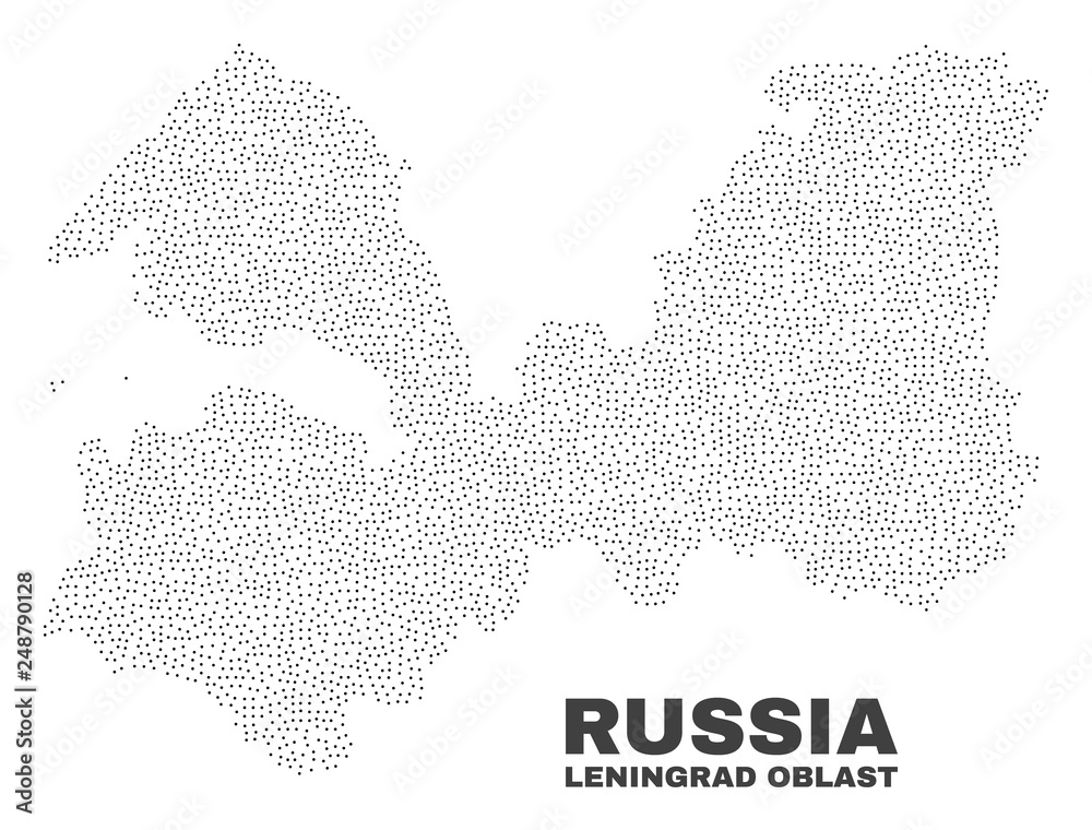 Leningrad Region map designed with little points. Vector abstraction in black color is isolated on a white background. Random small points are organized into Leningrad Region map.