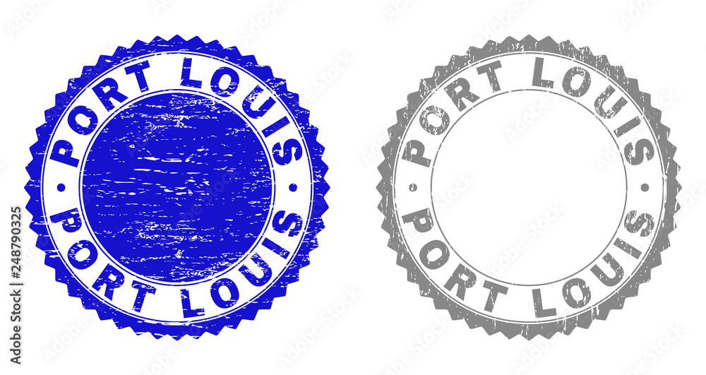 Grunge PORT LOUIS stamp seals isolated on a white background. Rosette seals with grunge texture in blue and gray colors. Vector rubber stamp imitation of PORT LOUIS text inside round rosette.