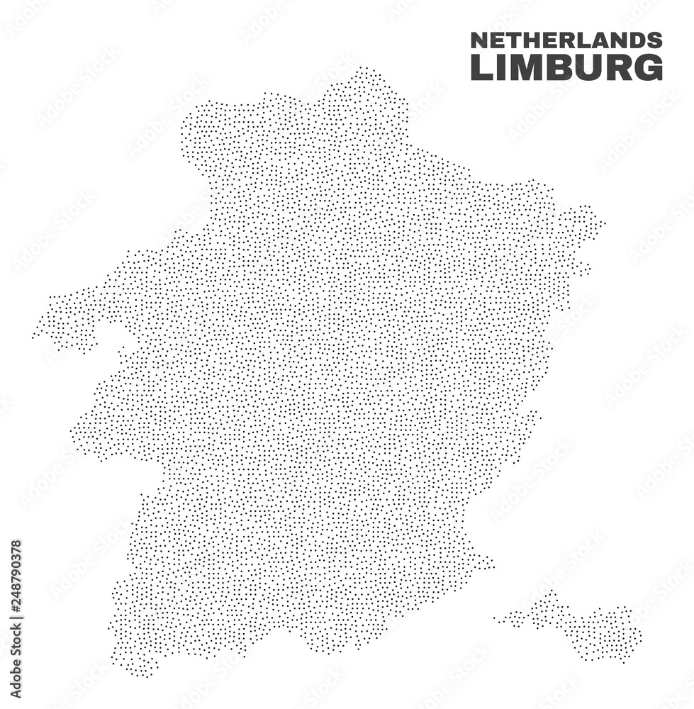 Limburg Province map designed with tiny dots. Vector abstraction in black color is isolated on a white background. Scattered little dots are organized into Limburg Province map.
