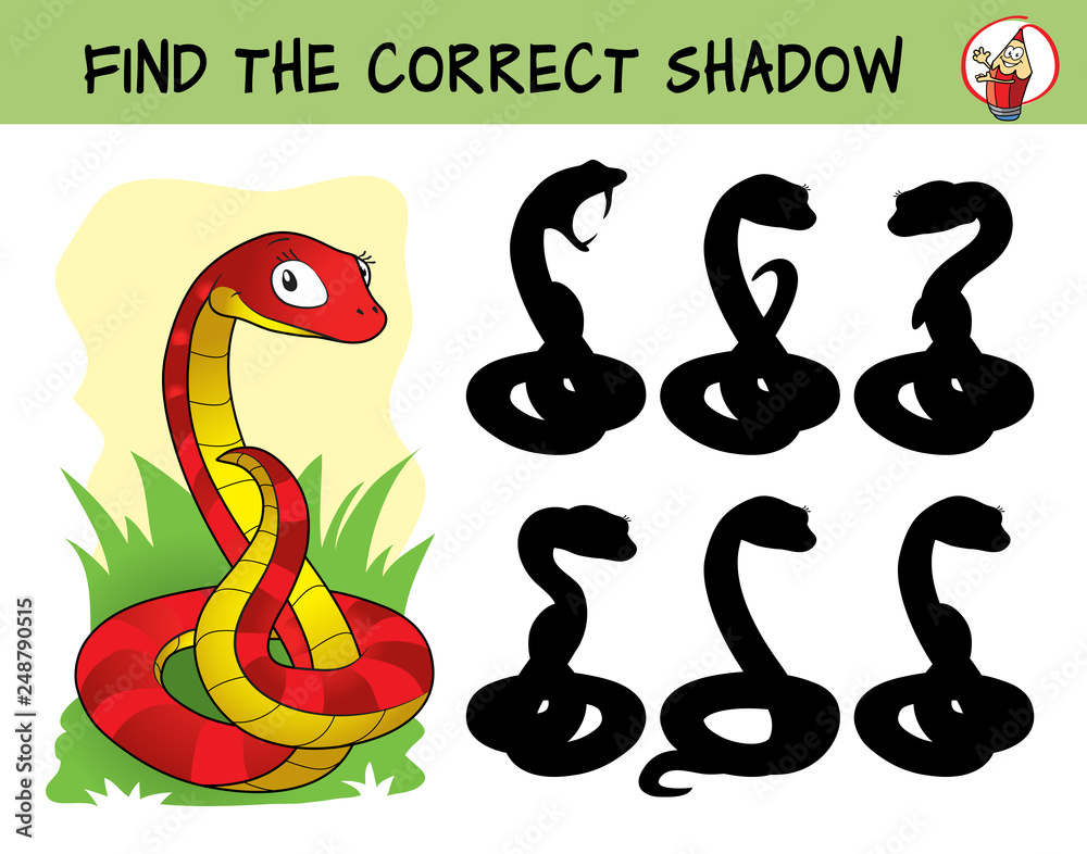 Cute red snake. Find the correct shadow. Educational matching game for  children. Cartoon vector illustration Stock Vector | Adobe Stock