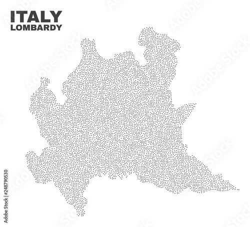 Lombardy region map designed with small points. Vector abstraction in black color is isolated on a white background. Scattered small items are organized into Lombardy region map.