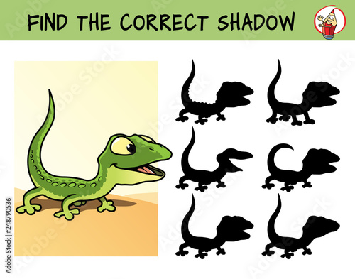 Funny green lizard. Find the correct shadow. Educational matching game for children. Cartoon vector illustration