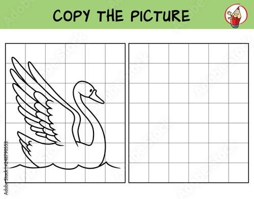 Swan. Copy the picture. Coloring book. Educational game for children. Cartoon vector illustration
