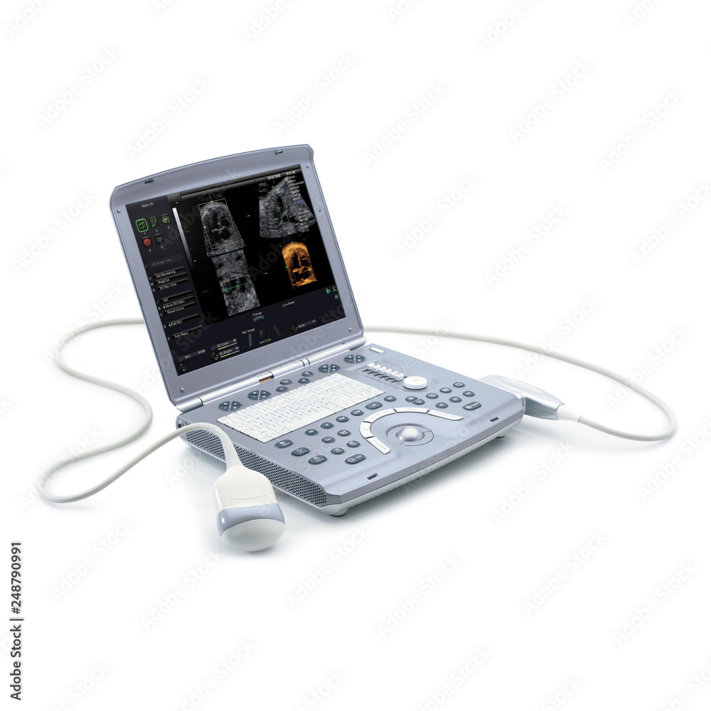Portable Ultrasound Machine Isolated on White Background. Medical Diagnostic Equipment. Sonogram Machine Clipping Path - obrazy, fototapety, plakaty 