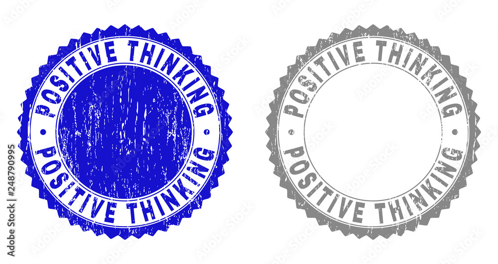 Grunge POSITIVE THINKING stamp seals isolated on a white background. Rosette seals with grunge texture in blue and grey colors. Grunge POSITIVE THINKING stamp seals isolated on a white background. Rosette seals with grunge texture in blue and grey colors.