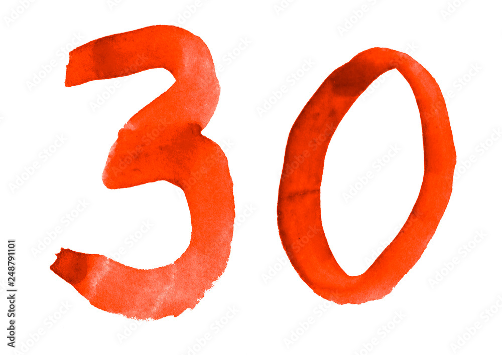 The number 30, painted with a brush in watercolor. Vintage symbol made by hand. The number 30, painted with a brush in watercolor. Vintage symbol made by hand.