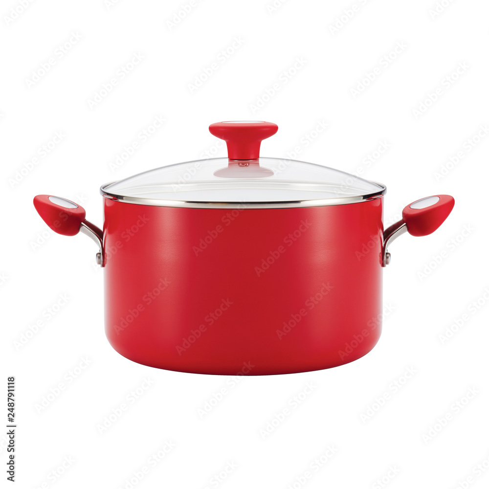 Red Enamel Coating Nonstick Stockpot With Glass Lid Isolated on White  Background. Cooking Pots. Cooking Pan Photos | Adobe Stock
