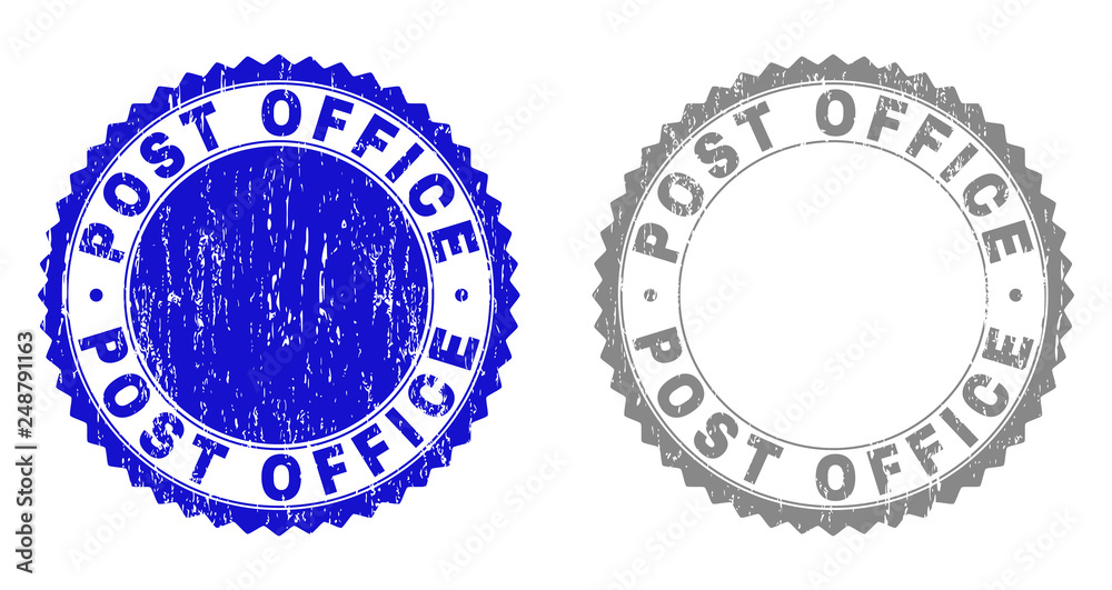 Obraz premium Grunge POST OFFICE stamp seals isolated on a white background. Rosette seals with grunge texture in blue and gray colors. Vector rubber stamp imprint of POST OFFICE title inside round rosette.