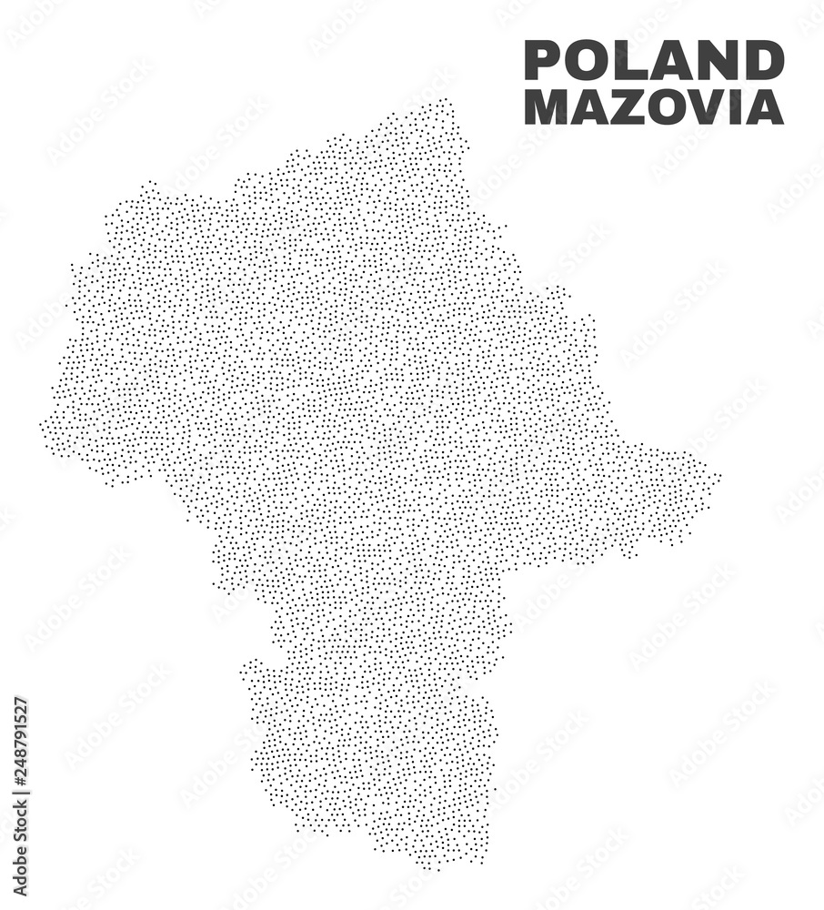 Masovian Voivodeship map designed with little points. Vector abstraction in black color is isolated on a white background. Random little particles are organized into Masovian Voivodeship map.