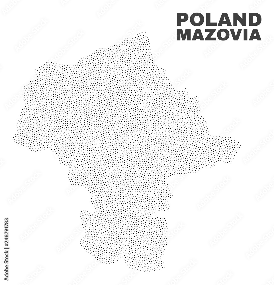 Mazovia Province map designed with little points. Vector abstraction in black color is isolated on a white background. Random little particles are organized into Mazovia Province map.