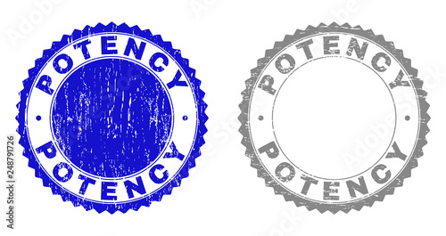Grunge POTENCY stamp seals isolated on a white background. Rosette seals with grunge texture in blue and grey colors. Vector rubber overlay of POTENCY caption inside round rosette.