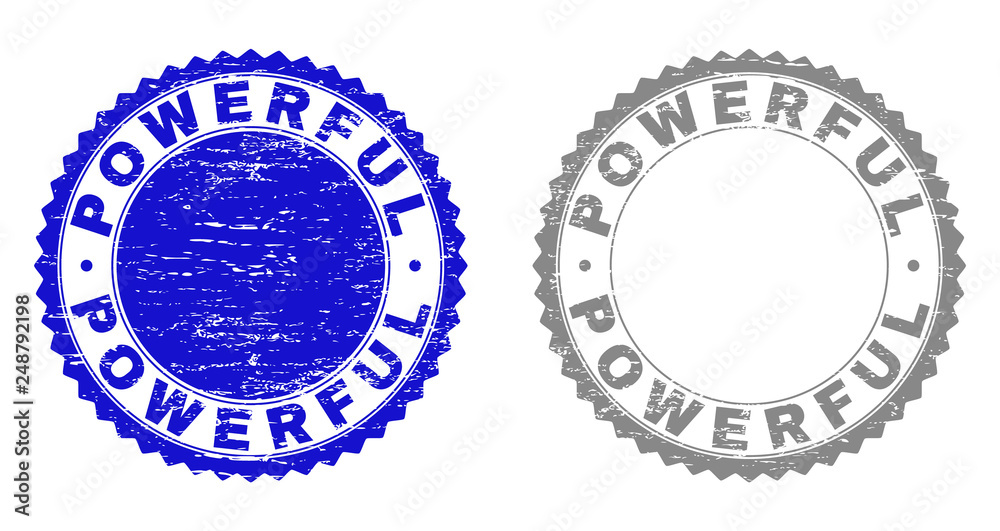 Obraz premium Grunge POWERFUL stamp seals isolated on a white background. Rosette seals with grunge texture in blue and gray colors. Vector rubber stamp imprint of POWERFUL label inside round rosette.