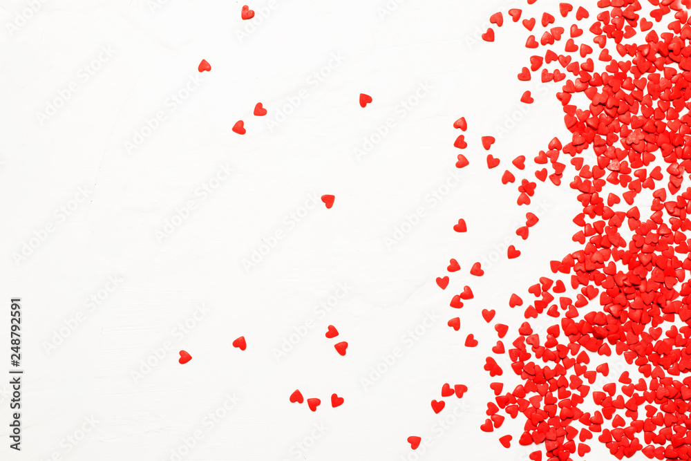 Sweet red hearts on white background - Valentine's Day or love concept, flat lay with place for text, top view