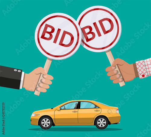 Hands holding auction paddle and car. Selling vehicle. Bid plate. Auction competition. Vector illustration in flat style