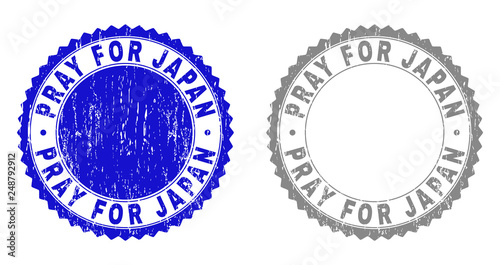 Grunge PRAY FOR JAPAN stamp seals isolated on a white background. Rosette seals with distress texture in blue and gray colors.