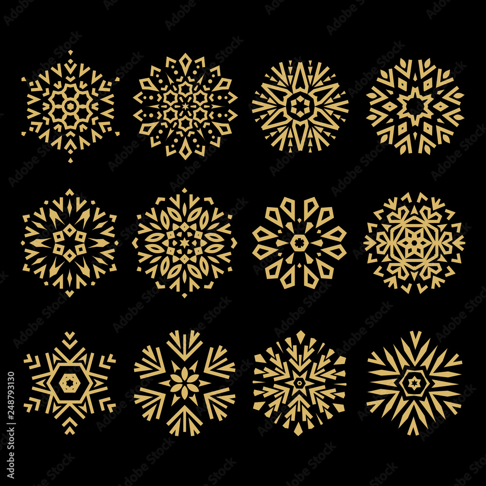Snowflakes icon collection. Graphic modern black and gold ornament Snowflakes icon collection. Graphic modern black and gold ornament