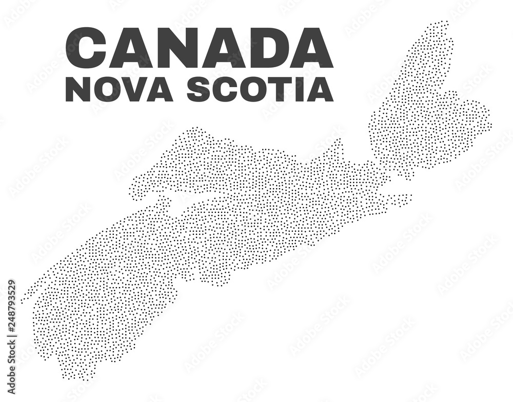 Nova Scotia Province map designed with small dots. Vector abstraction in black color is isolated on a white background. Scattered small dots are organized into Nova Scotia Province map.