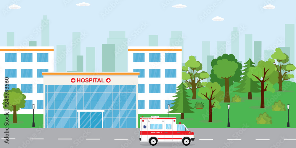 Hospital building,ambulance car and park near,silhouette of city buildings
