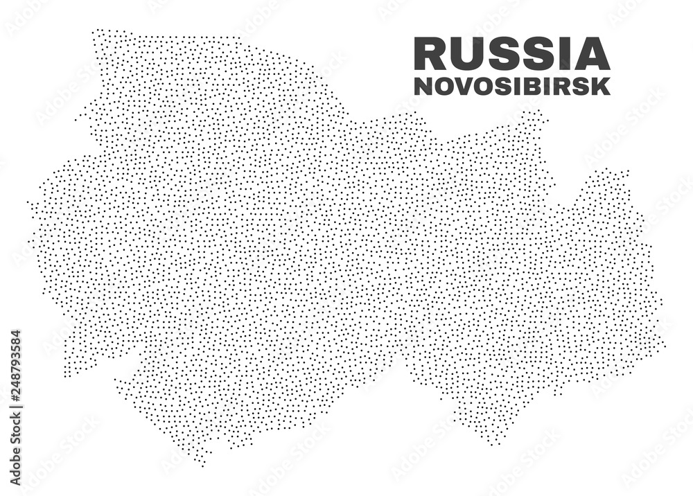 Novosibirsk Region map designed with tiny dots. Vector abstraction in black color is isolated on a white background. Random tiny dots are organized into Novosibirsk Region map.