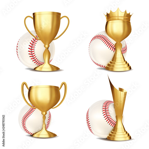 Baseball Game Award Set Vector. Baseball Ball, Golden Cup. Modern Baseball Tournament. Design For Sport Promotion. Certificate, Diploma. Sport Event Announcement. Banner Advertising Illustration