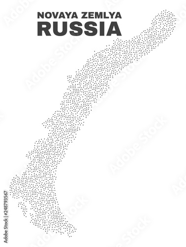 Novaya Zemlya Islands map designed with small points. Vector abstraction in black color is isolated on a white background. Random small elements are organized into Novaya Zemlya Islands map.