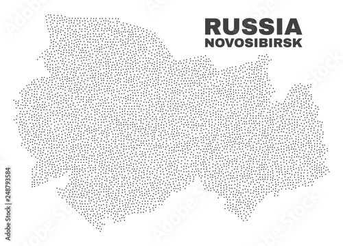 Novosibirsk Region map designed with tiny dots. Vector abstraction in black color is isolated on a white background. Random tiny dots are organized into Novosibirsk Region map.