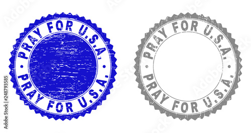 Grunge PRAY FOR U.S.A. stamp seals isolated on a white background. Rosette seals with grunge texture in blue and grey colors. Vector rubber stamp imprint of PRAY FOR U.S.A. label inside round rosette.