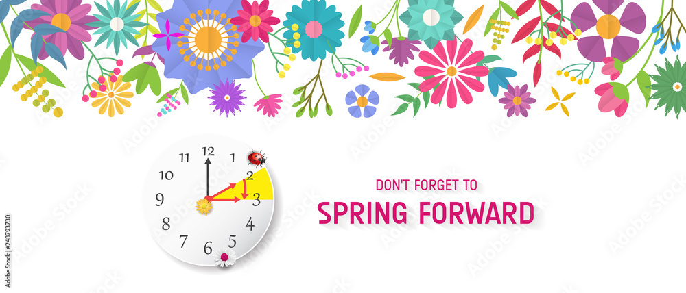 Spring Forward Banner. Daylight Saving Time Reminder - Spring Time Change. Spring Forward Banner. Daylight Saving Time Reminder - Spring Time Change.