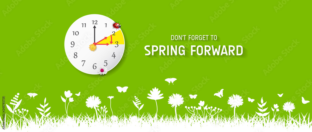 Spring Forward Banner. Daylight Saving Time Reminder - Spring Time Change.