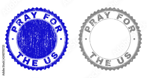 Grunge PRAY FOR THE US stamp seals isolated on a white background. Rosette seals with grunge texture in blue and gray colors.