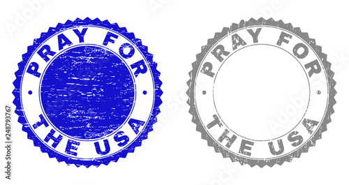Grunge PRAY FOR THE USA stamp seals isolated on a white background. Rosette seals with grunge texture in blue and gray colors. Vector rubber overlay of PRAY FOR THE USA title inside round rosette.