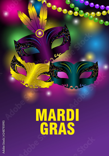 Three carnival masks and feathers on a purple background for Mardi gras. Colorful greeting card, banner or poster with shining beads. Vector