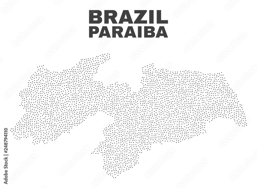 Paraiba State map designed with little points. Vector abstraction in black color is isolated on a white background. Scattered little points are organized into Paraiba State map.