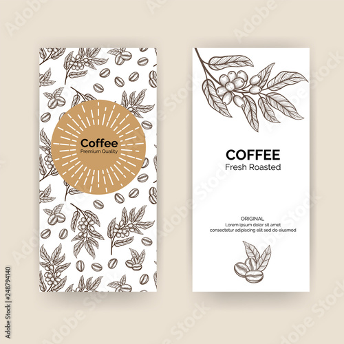 Coffee Packaging Design with coffee tree branch with leaves and beans. Vector template package for your design.