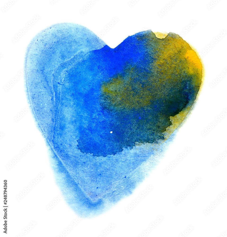Seine-blue heart drawing watercolor on white background, isolate.
