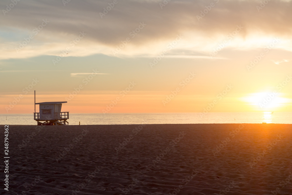 Hermosa beach lifeguard tower at sunset