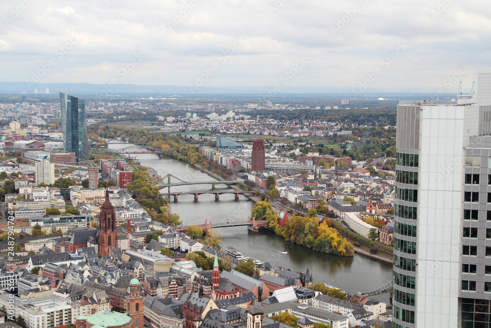 Obraz premium Panoramic view from observation point from Main Tower to Frankfurt and suburbans, Germany