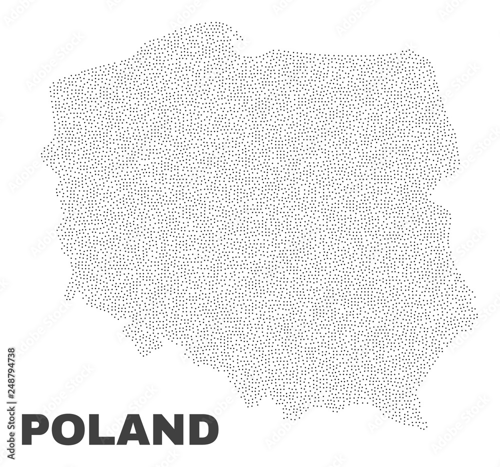 Poland map designed with little points. Vector abstraction in black color is isolated on a white background. Random tiny points are organized into Poland map.