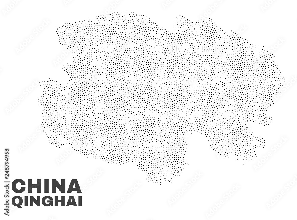 Qinghai Province map designed with tiny dots. Vector abstraction in black color is isolated on a white background. Scattered little dots are organized into Qinghai Province map.