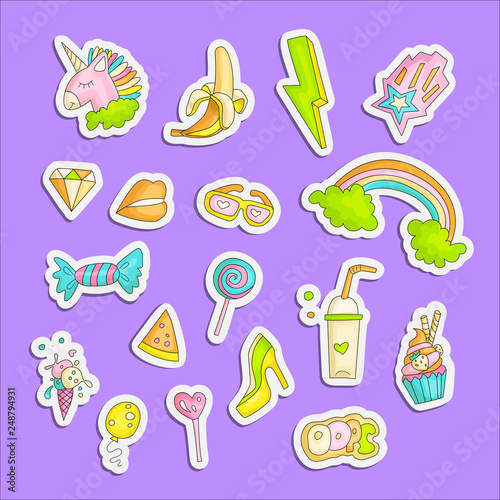 Cute funny Girl teenager colored stickers set  fashion cute teen and princess icons. Magic fun cute girls objects - banana  lightning  sweets  baloon  glasses and other draw icon patch collection.